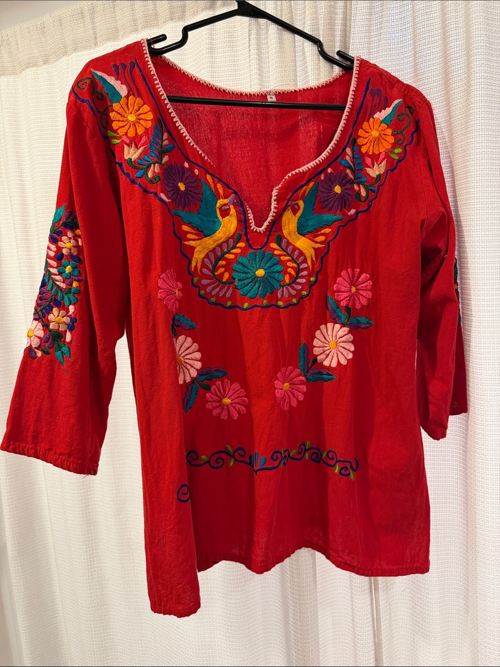 Mexican Red Embroidered Women's Peasant Top - Vibrant Floral Design